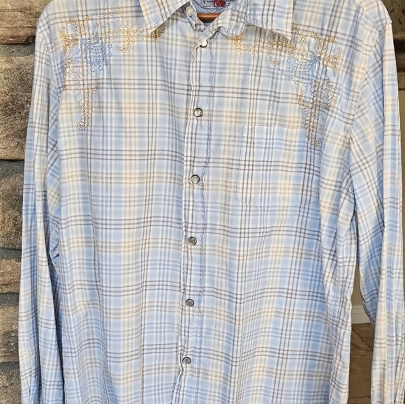 Womens Plaid Blue Pearl Snap Embroidered Long Sleeve Shirt Lg - Picture 1 of 9